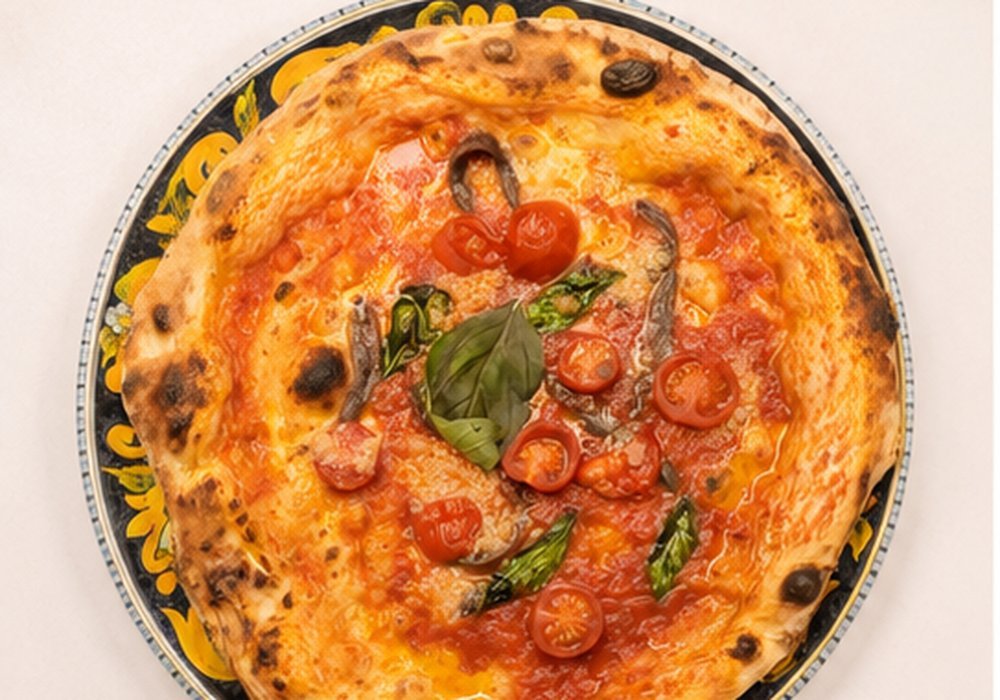 Pizza mit Sardellen, Kapern, Oliven, Kirschtomaten und Basilikum