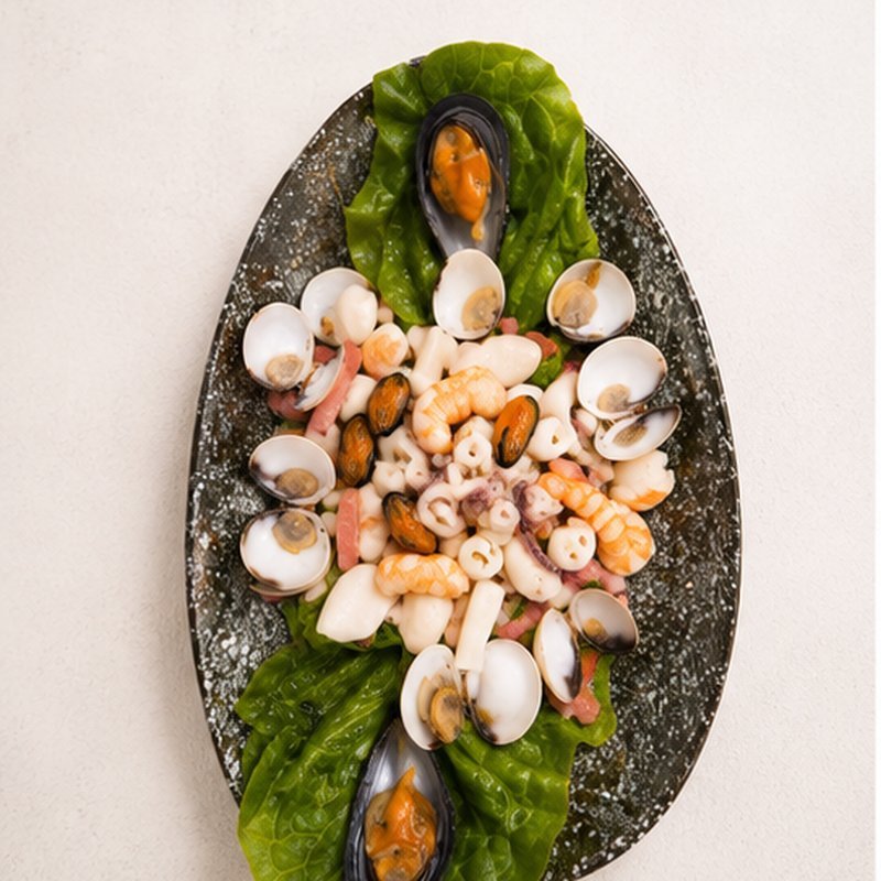 Meeresfrüchtesalat mit Muscheln, Venusmuscheln, Garnelen und Tintenfisch