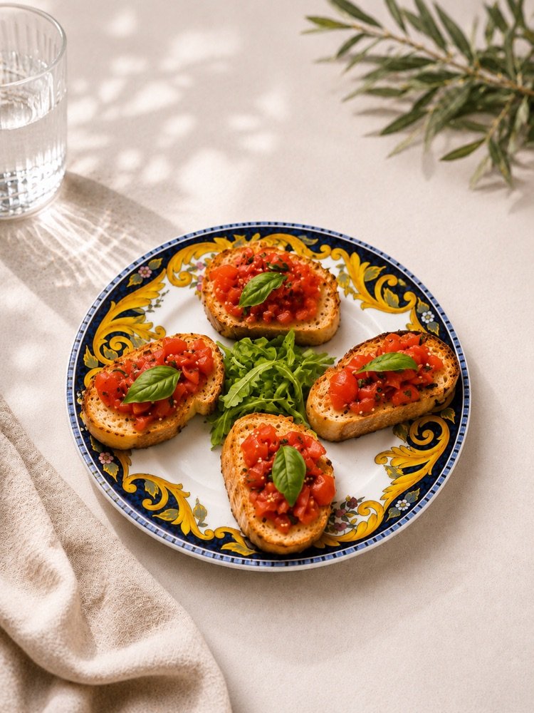 Geröstetes Brot mit gewürfelten Tomaten, Basilikum und frischem Rucola