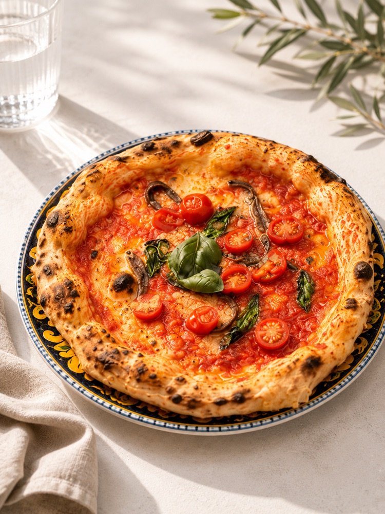 Neapolitanische Pizza mit San-Marzano-Tomaten, Sardellenfilets, Cherrytomaten und frischem Basilikum