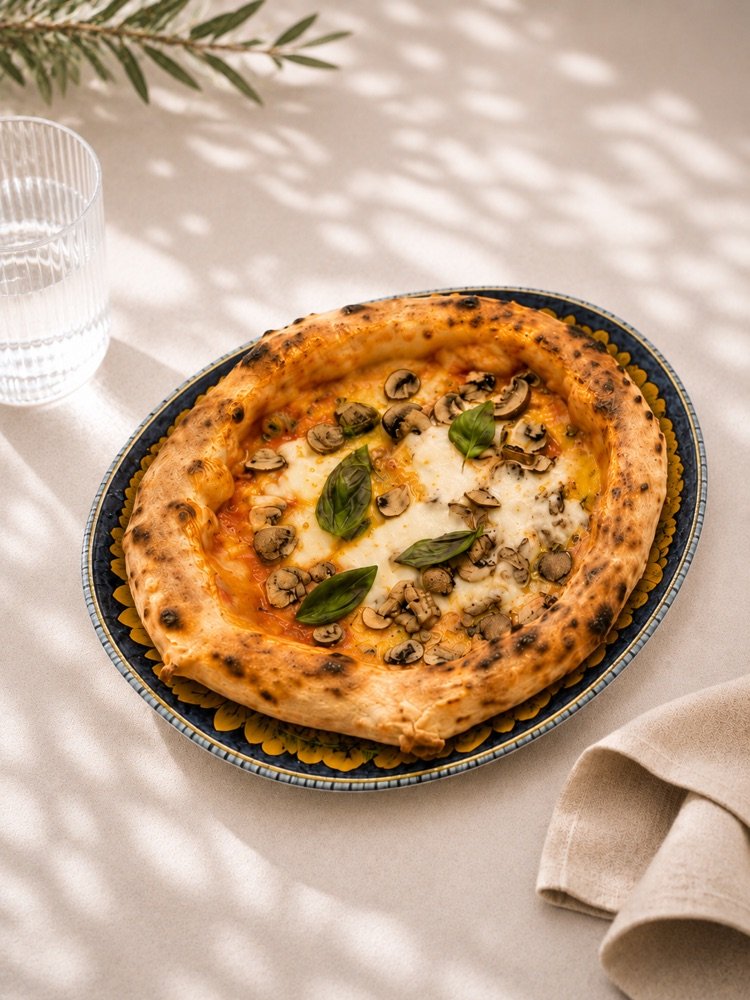 Pizza mit Fior di Latte, Tomatensoße und dicht belegten Scheiben frischer Champignons