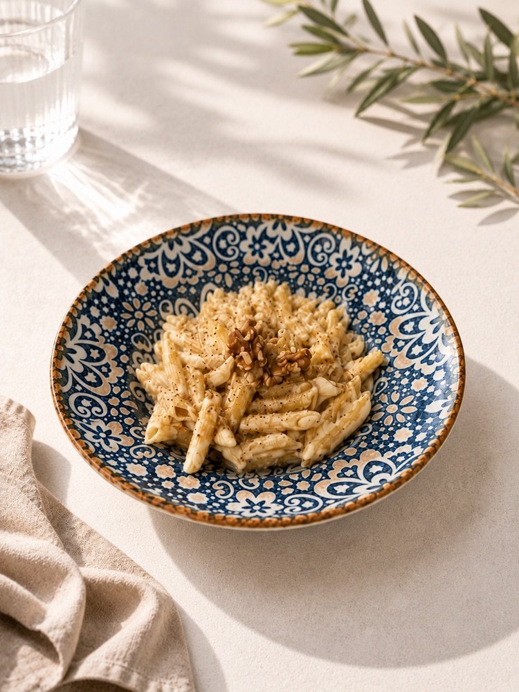 Penne in heller Käsesauce mit Walnüssen