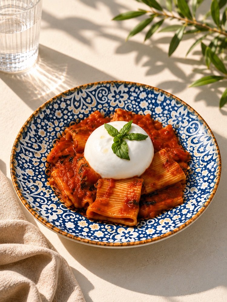 Paccheri in Tomatensauce mit Burrata und Basilikum