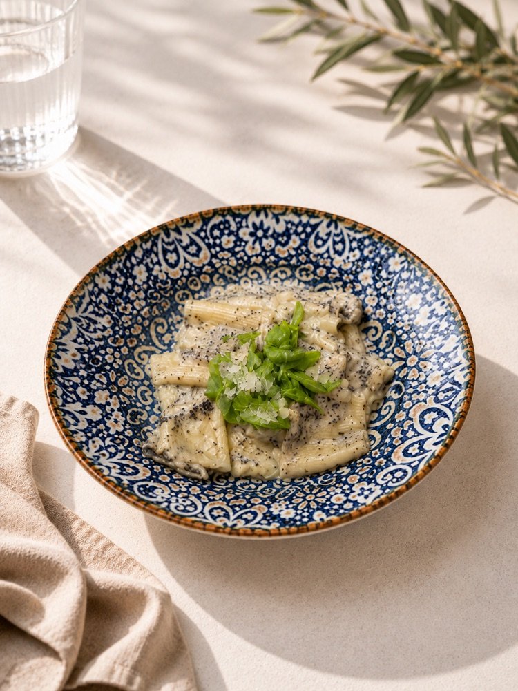 Paccheri in cremiger Trüffelsoße mit frischem Rucola und geriebenem Parmesan