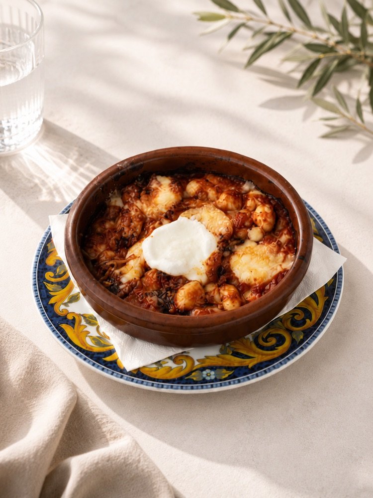 Gnocchi alla Sorrentina im Tontopf, überbacken mit Tomatensauce und Mozzarella