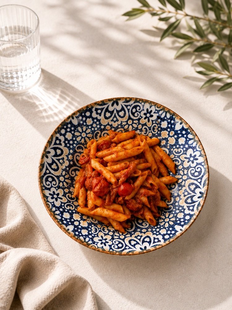Penne in Tomatensoße mit angebratenen Guanciale-Streifen und geplatzten Cherrytomaten