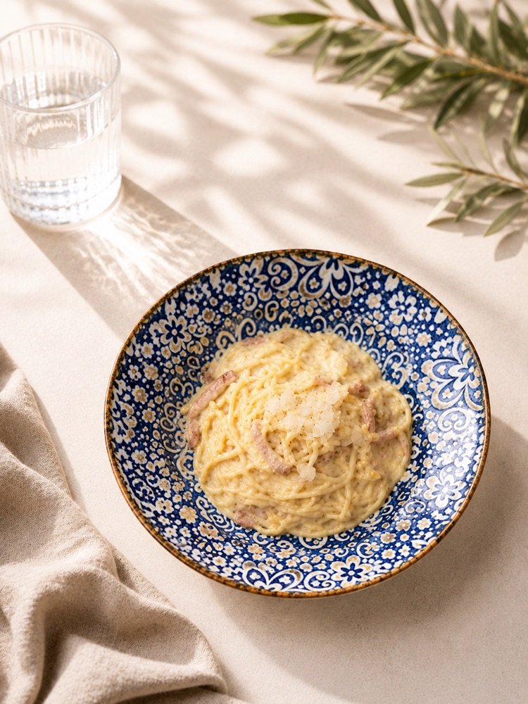 Spaghetti in cremiger Eiersoße mit Guanciale-Streifen, Käseflocken und schwarzem Pfeffer