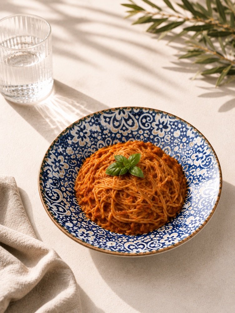 Spaghetti in kräftiger Tomatensoße mit frischem Basilikum
