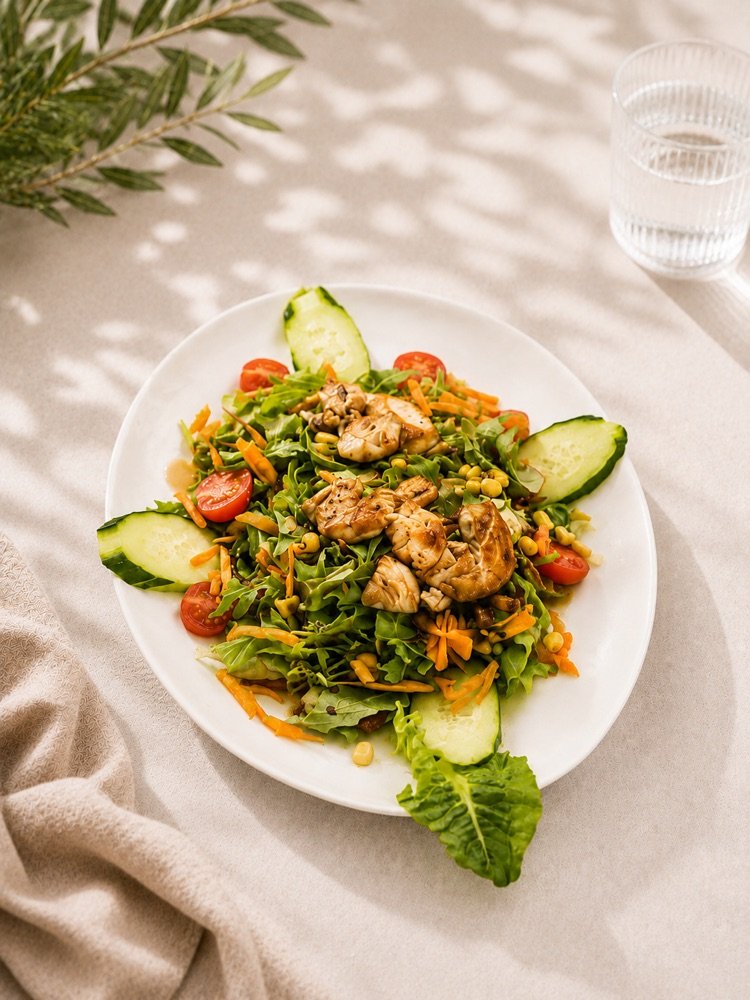 Gemischter Salat mit gebratener Hähnchenbrust, Karottenraspeln, Mais und Cherrytomaten