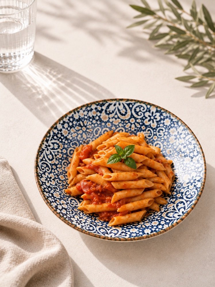 Penne in kräftiger, stückiger Tomatensoße mit frischem Basilikum