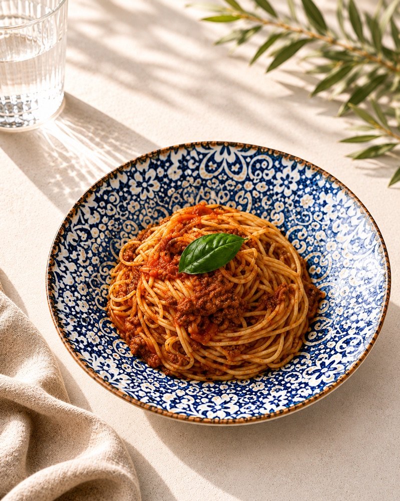 Spaghetti mit dicker Tomaten-Hackfleischsoße und frischem Basilikum