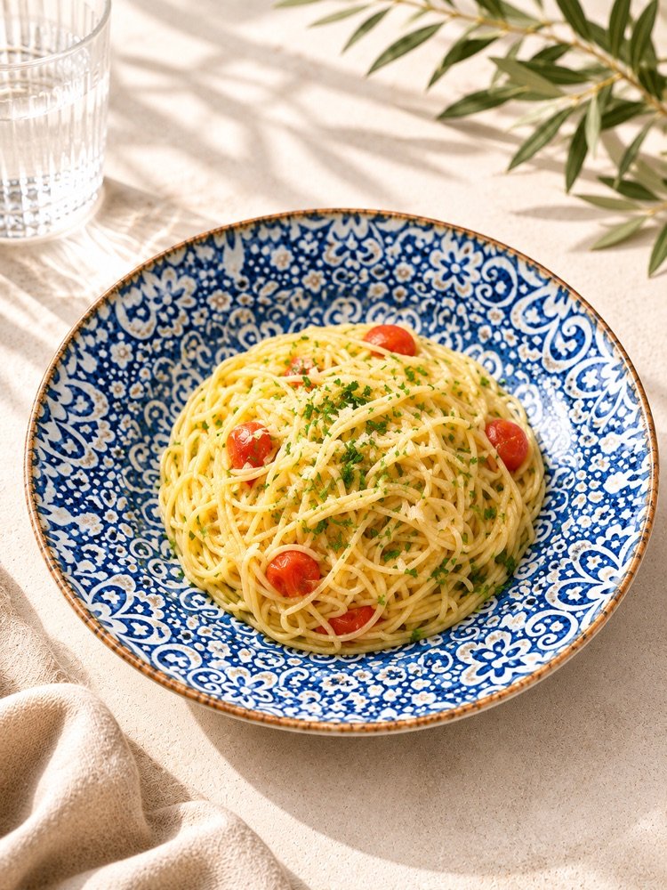 Spaghetti mit Olivenöl, Knoblauch, Petersilie und halbierten Cherrytomaten