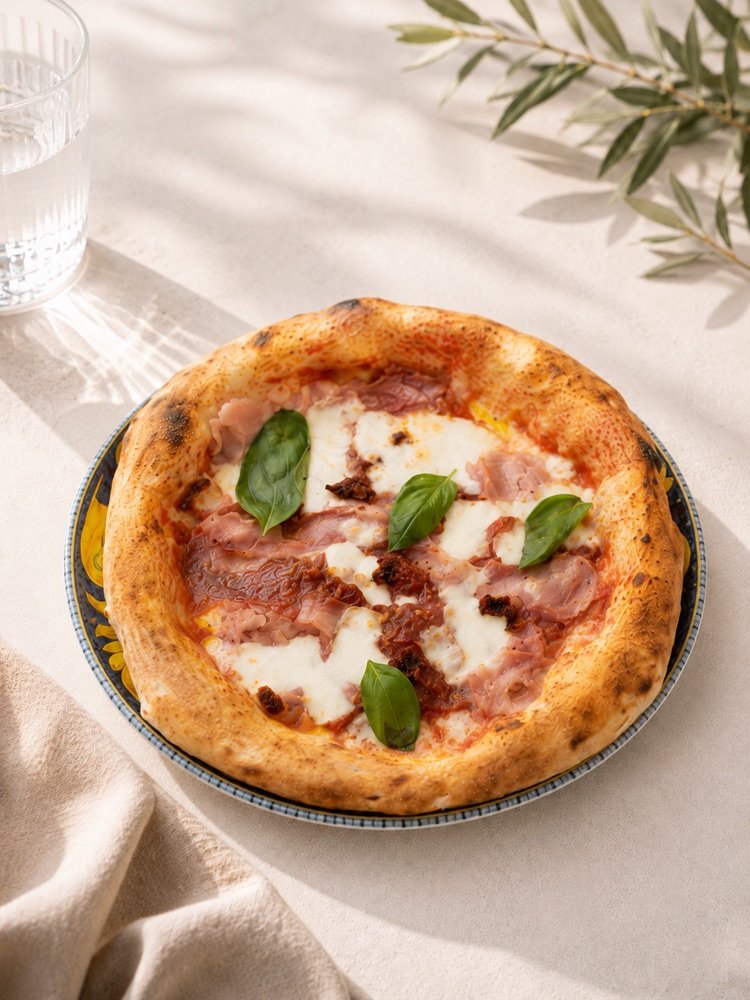 Pizza mit San-Marzano-Tomaten, Büffelmozzarella, Bauchspeck, gekochtem Schinken, würziger 'Nduja und Basilikum