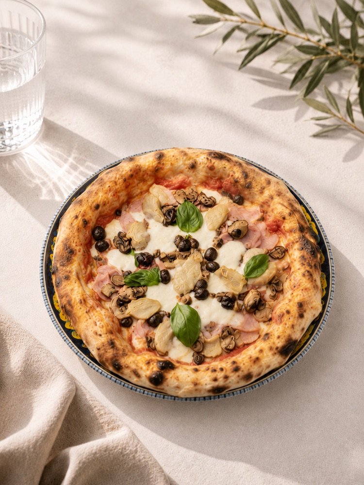 Pizza mit gekochtem Schinken, halbierten Champignons, Artischockenherzen und Oliven