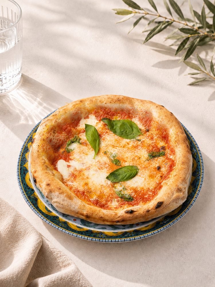 Pizza Regina Margherita mit Fior di Latte, Tomatensauce und Basilikum