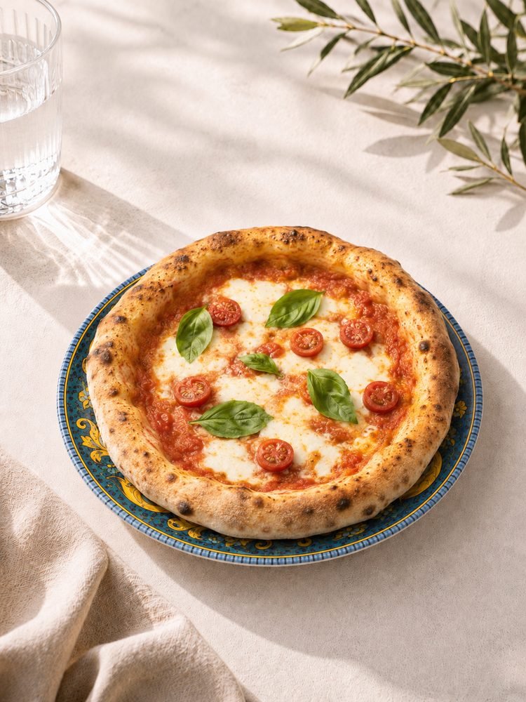 Pizza mit San-Marzano-Tomaten, Büffelmozzarella, halbierten Cherrytomaten und Basilikum