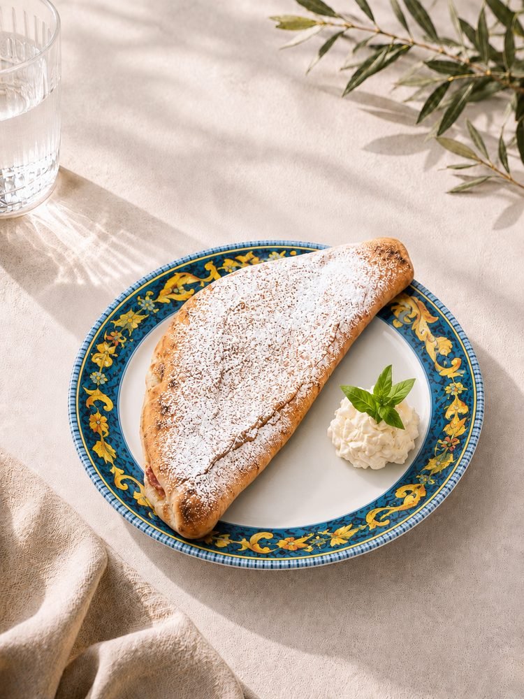 Geschlossener Calzone mit goldbrauner Kruste und geriebenem Parmesan, dazu eine Nocke Ricotta mit Basilikum