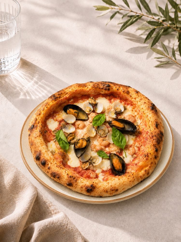 Pizza mit Tomatensoße, Fior di Latte, Miesmuscheln, Venusmuscheln, Garnelen und Basilikum