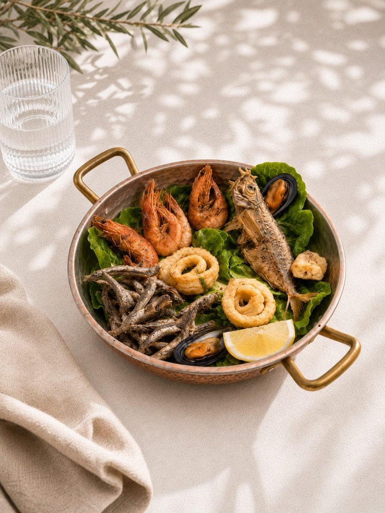 Frittierte Fischplatte mit Garnelen, Calamari-Ringen, kleinen Fischen, Miesmuscheln und Zitrone