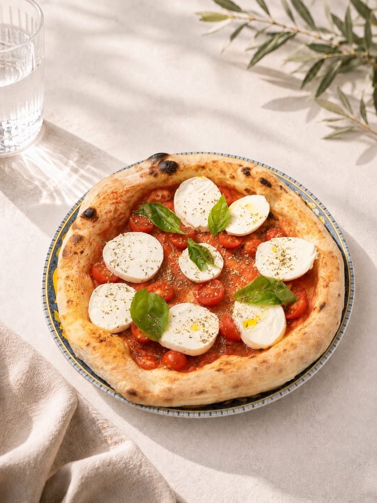 Pizza mit Tomatensoße, dicken Scheiben Büffelmozzarella, Cherrytomaten, Oregano und Basilikum