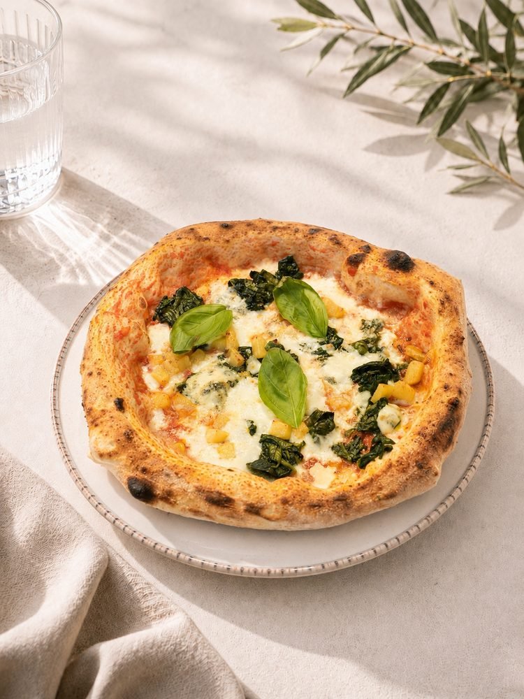 Pizza mit Fior di Latte, Blattspinat, gebackenen Kartoffelwürfeln und Gorgonzola