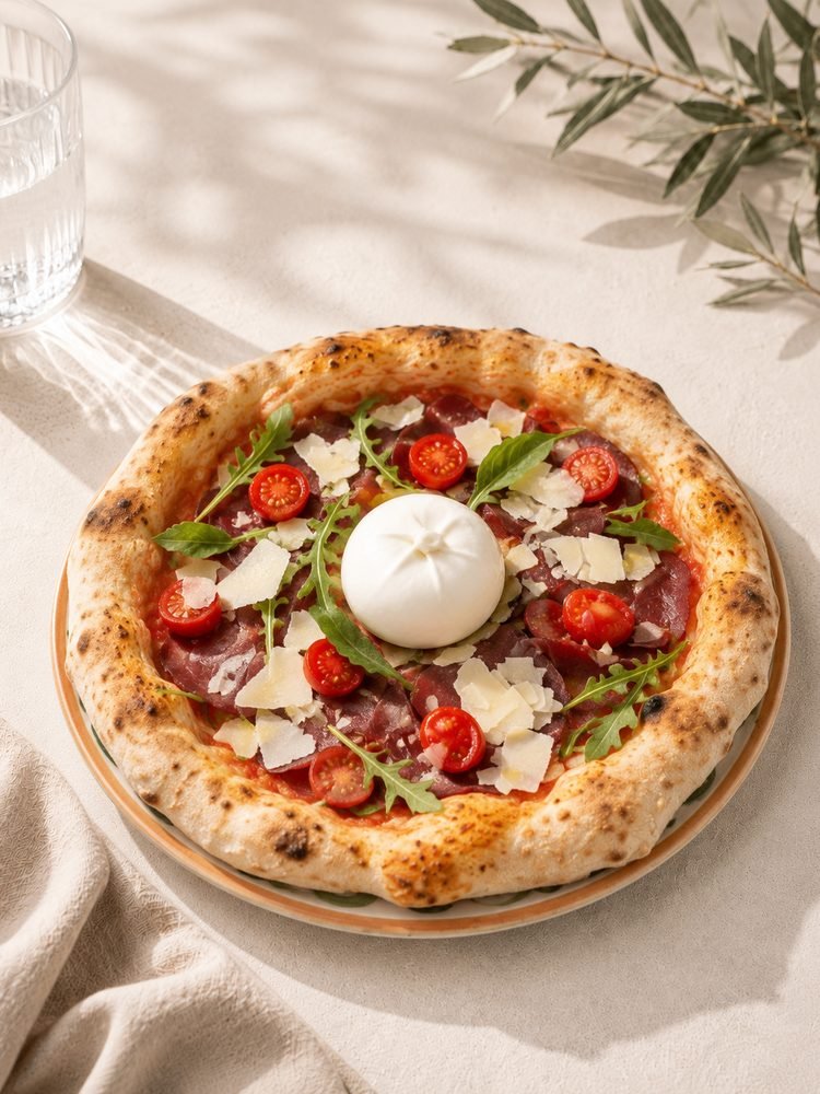 Pizza mit Bresaola, ganzer Burrata, Rucola, Cherrytomaten und Parmesanflocken