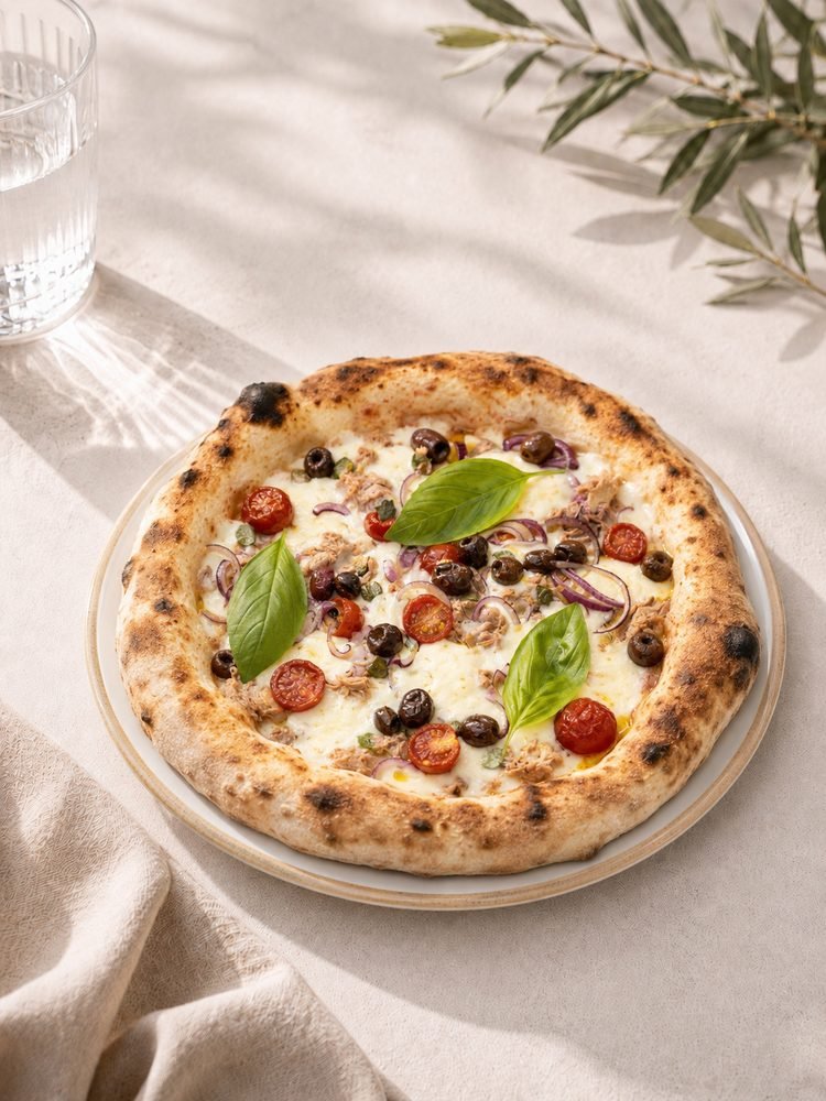 Weiße Pizza mit Thunfisch, roten Zwiebelringen, schwarzen Oliven, Kapern und Cherrytomaten