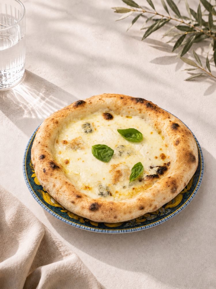 Weiße Pizza mit mehreren geschmolzenen Käsesorten und deutlich sichtbaren Gorgonzola-Adern