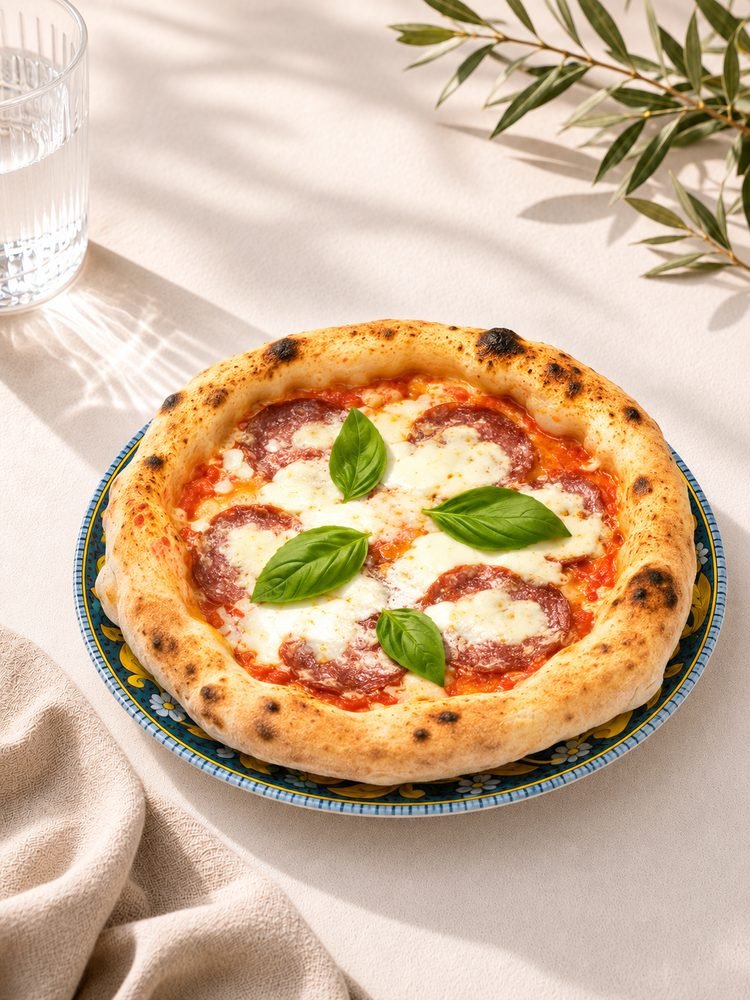 Pizza mit Tomatensoße, Fior di Latte und großen, marmorierten Scheiben Salame Napoli