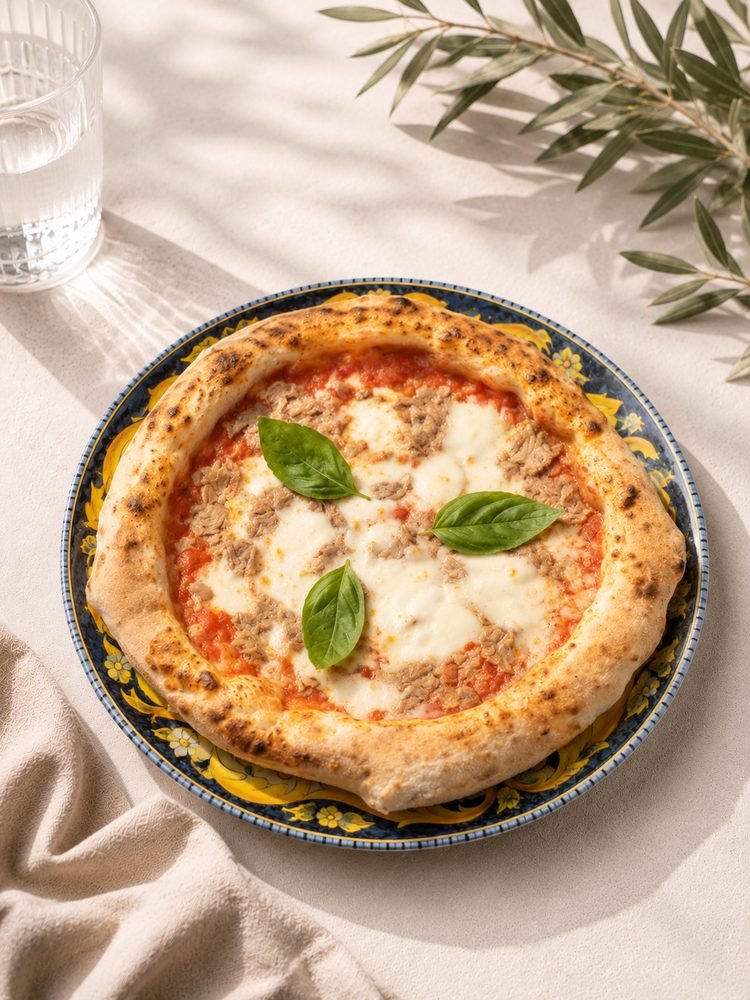 Pizza mit Tomatensoße, Fior di Latte und hellen Thunfischflocken