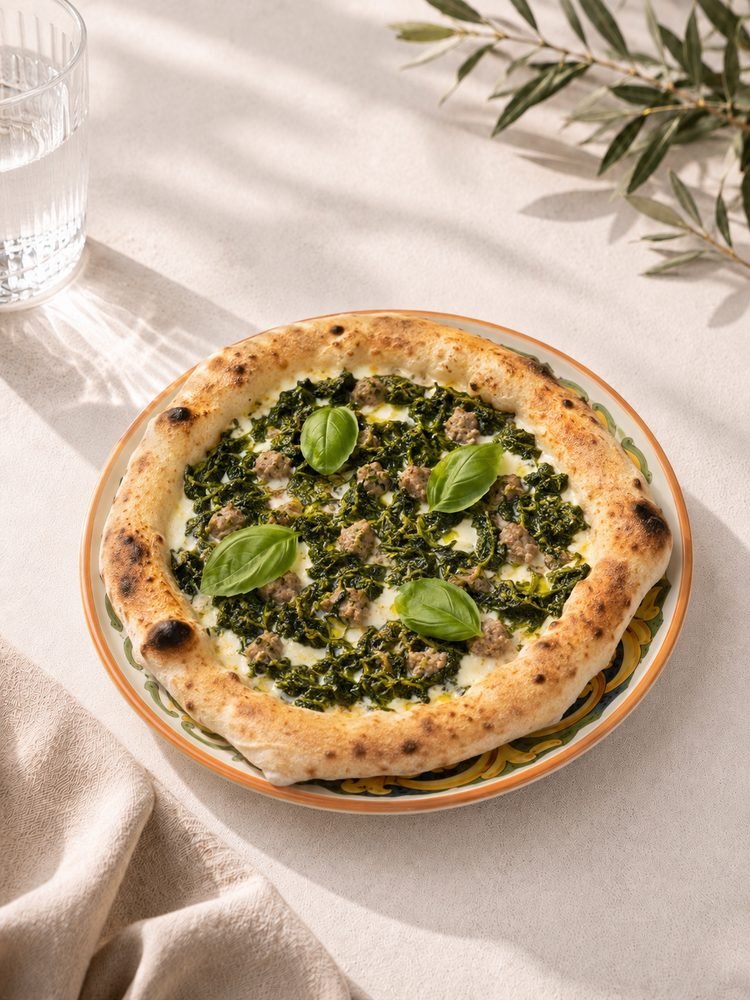 Weiße Pizza mit Mozzarella, groben Stücken Salsiccia und dunkelgrünen Friarielli