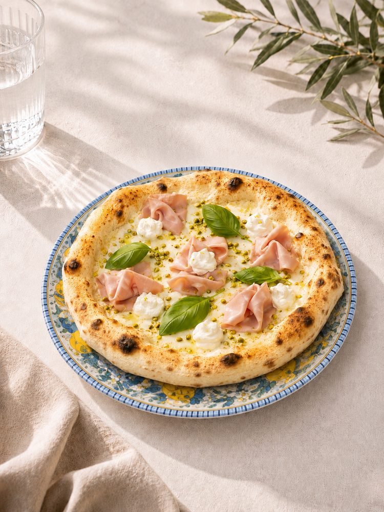 Weiße Pizza mit Provola, Röllchen von Mortadella, Ricotta-Tupfen und gehackten Pistazien