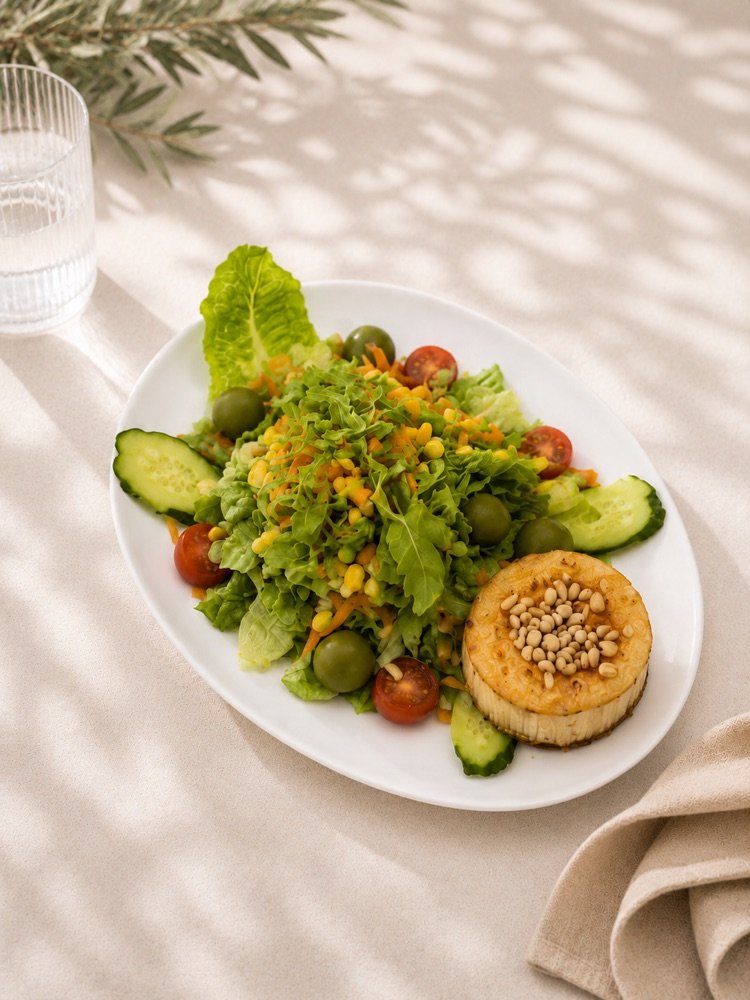 Gemischter Salat mit gegrilltem Ziegenkäse, gerösteten Pinienkernen und Honig