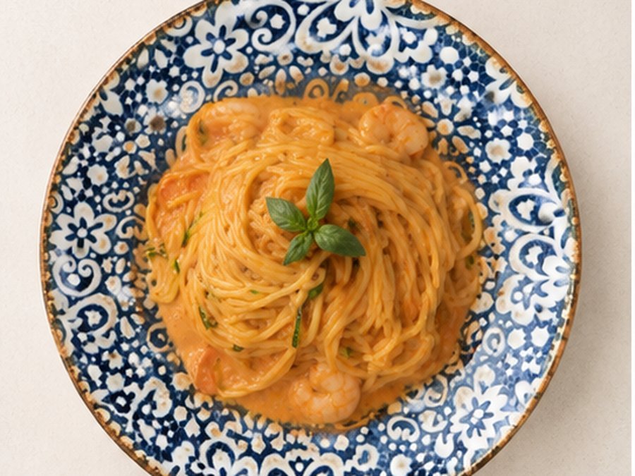Spaghetti in cremiger Tomatensauce mit Garnelen