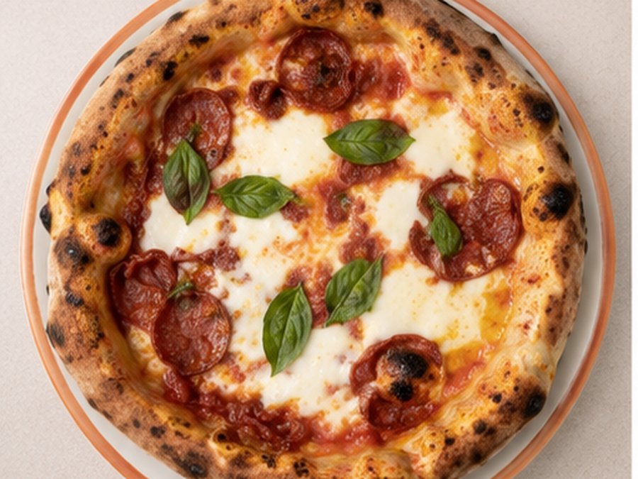 Steinofen-Pizza mit Salami, Mozzarella und Basilikum